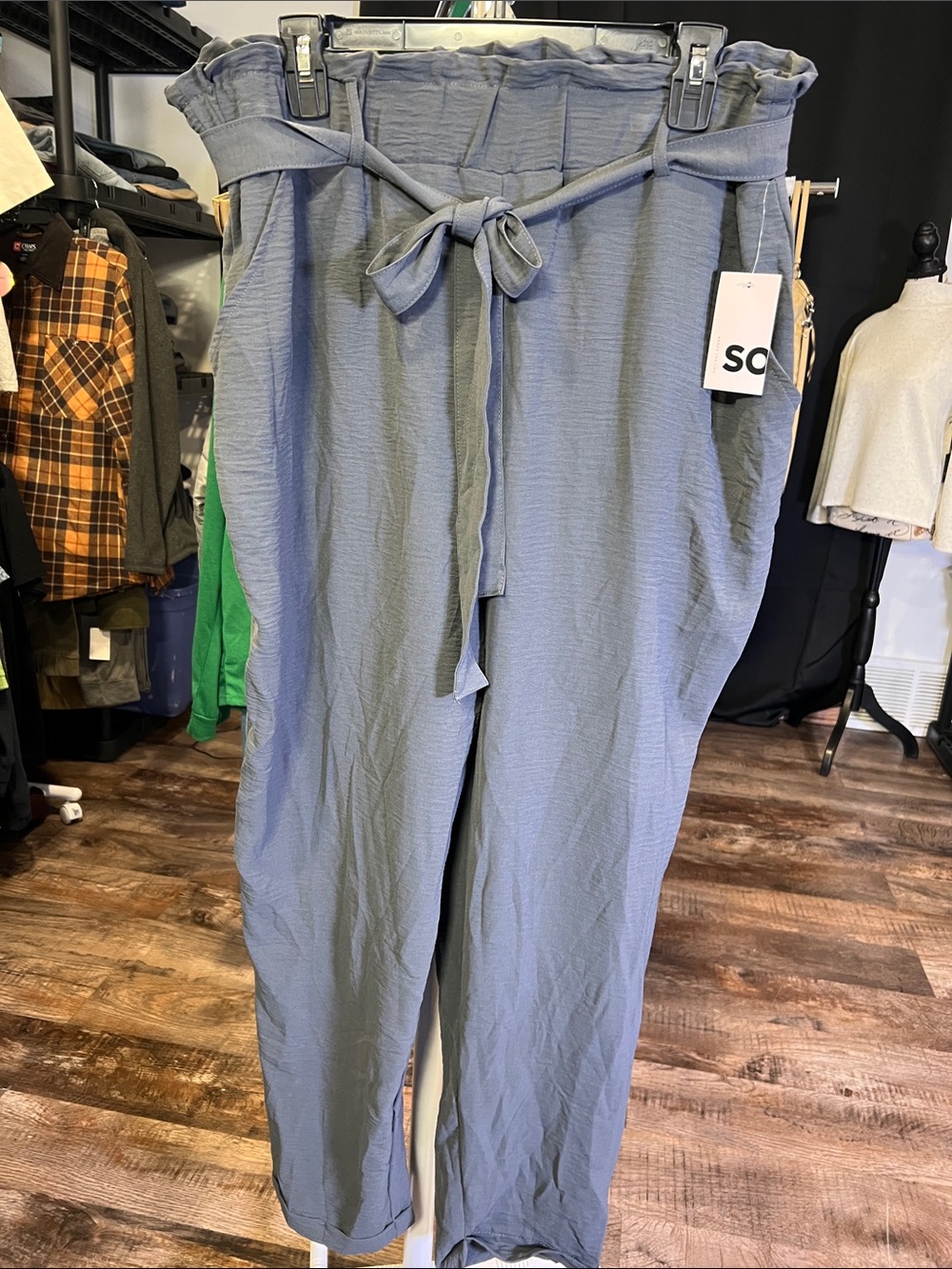 SO Slate Blue Paperbag Waist Tie-Front Straight Leg Pants